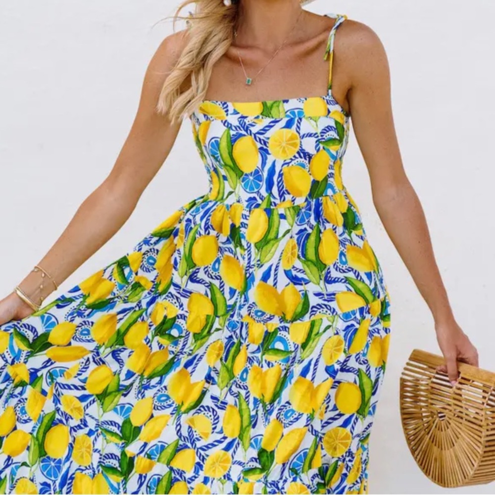 Kenny Flowers The Positano Tiered Maxi Dress Resort  Smocked Back Lemon Sz Small - Picture 5 of 13